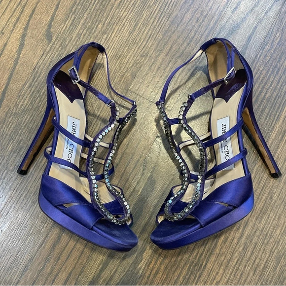 Jimmy Choo Strappy Crystal Embellished Sandals in Purple Satin - Picture 1 of 16